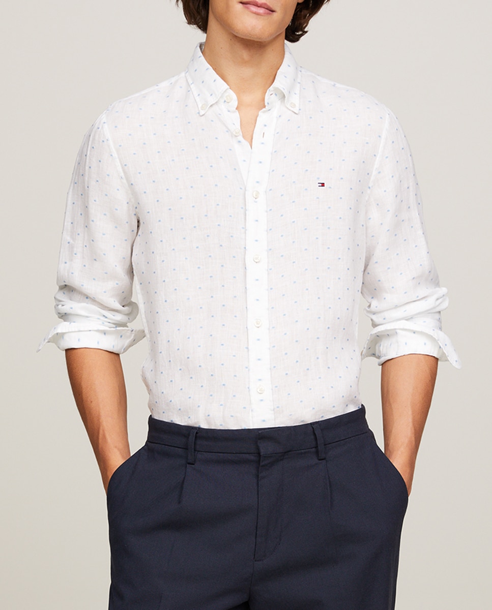 Imagen 0 de Camisa de lino con plumeti bordado a contraste de color