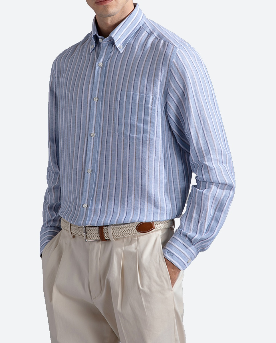 Camisa de hombre sport manga larga botón punta rayas 100% lino — oferta en Primeriti