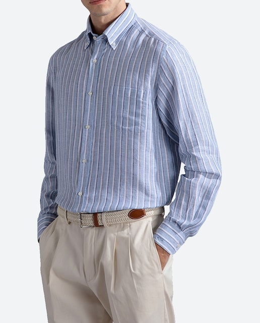 Imagen 0 de Camisa de hombre sport manga larga botón punta rayas 100% lino