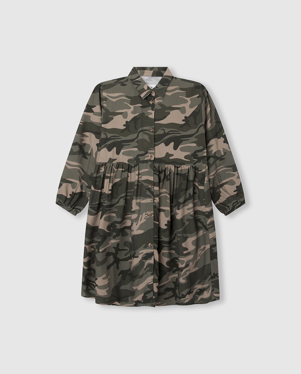 Imagen 0 de Vestido de niña en color verde estampado camuflaje- y abotonado