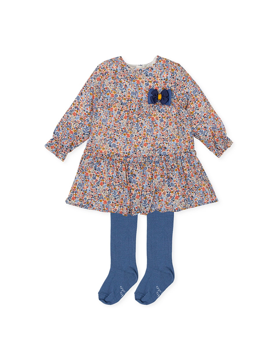 Imagen 0 de Vestido estampado flores con leotardos azul marino.
