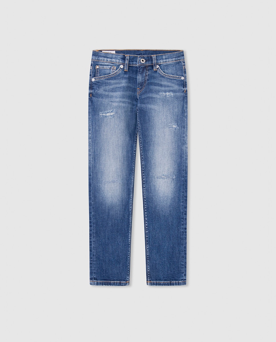 Imagen 0 de Pantalón denim slim fit de tiro medio con rotos para niño
