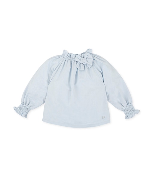 Imagen 0 de Blusa de niña en azul porcelana con lazo en cuello