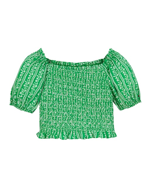 Imagen 0 de Camisa de niña con cuerpo de nido de abeja y manga corta abullonada