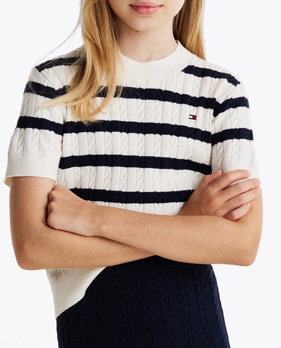 Imagen 0 de Jersey de niña de manga corta con cuello redondo a rayas diseño cable