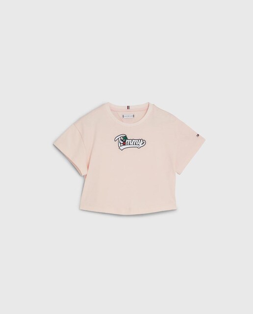 Imagen 0 de Camiseta de bebé niña de manga corta tipo crop con logo Tommy  y cuello redondo