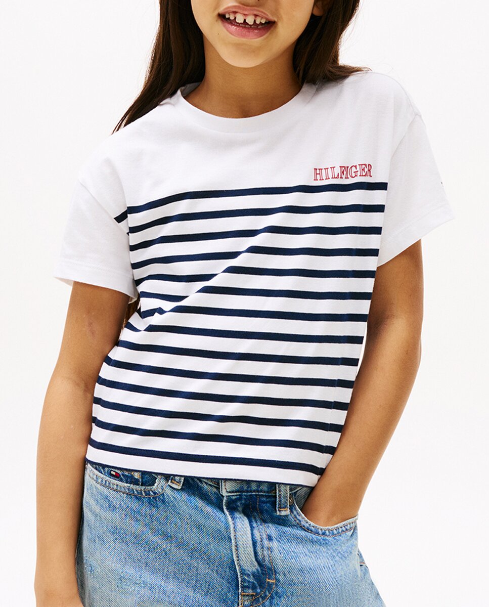 Imagen 0 de Camiseta de niña manga corta de rayas con logo en el pecho y cuello redondo