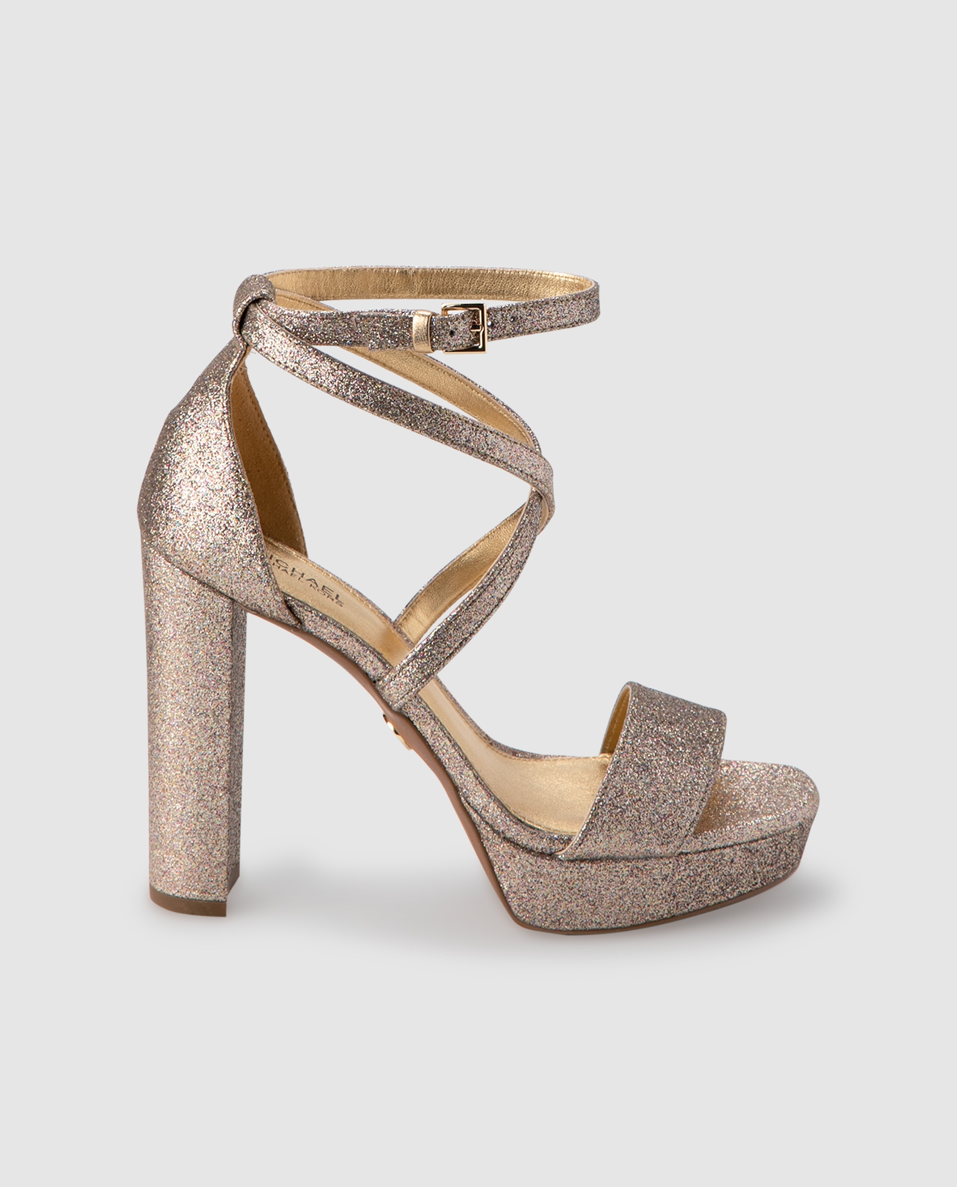 Imagen 0 de Sandalias de tacón de mujer Michael Michael Kors de glitter oro con tiras cruzadas
