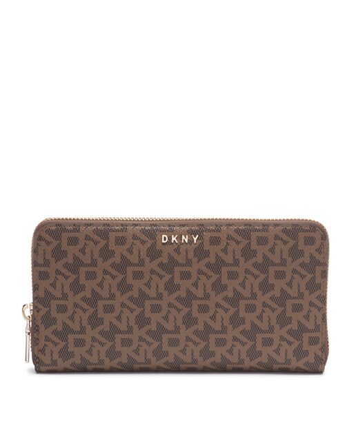 Imagen 0 de Cartera grande de mujer DKNY de color marrón estampado con cremallera