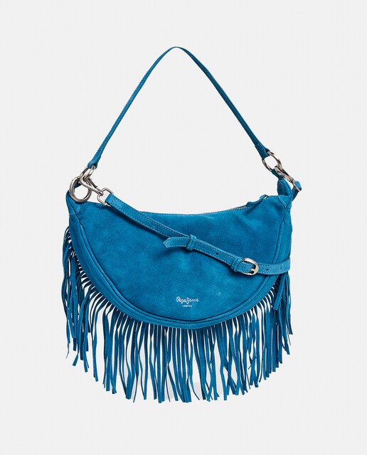 Imagen 0 de Bolso de hombro mediano de piel azul con fleco y bandolera a extraíble