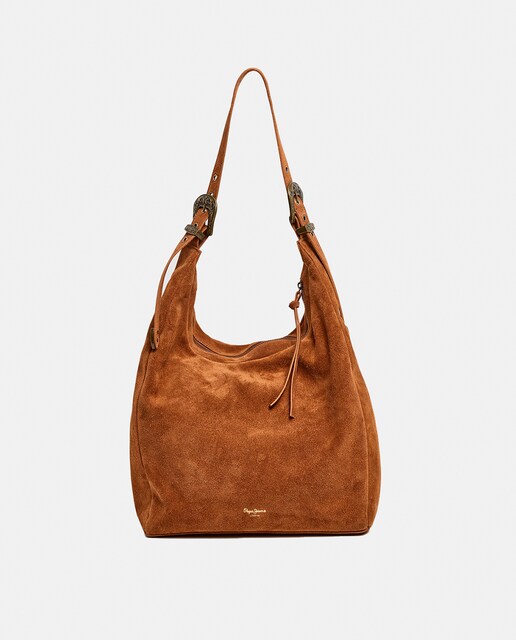 Imagen 0 de Bolso de hombro grande de piel en camel con cierre de cremallera