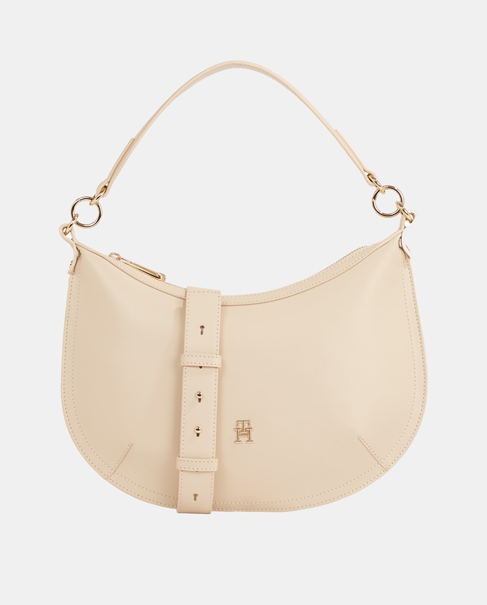 Imagen 0 de Bolso de hombro media luna de mujer en color blanco con asa ajustable y logotipo metálico de Tommy Hilfiger.
