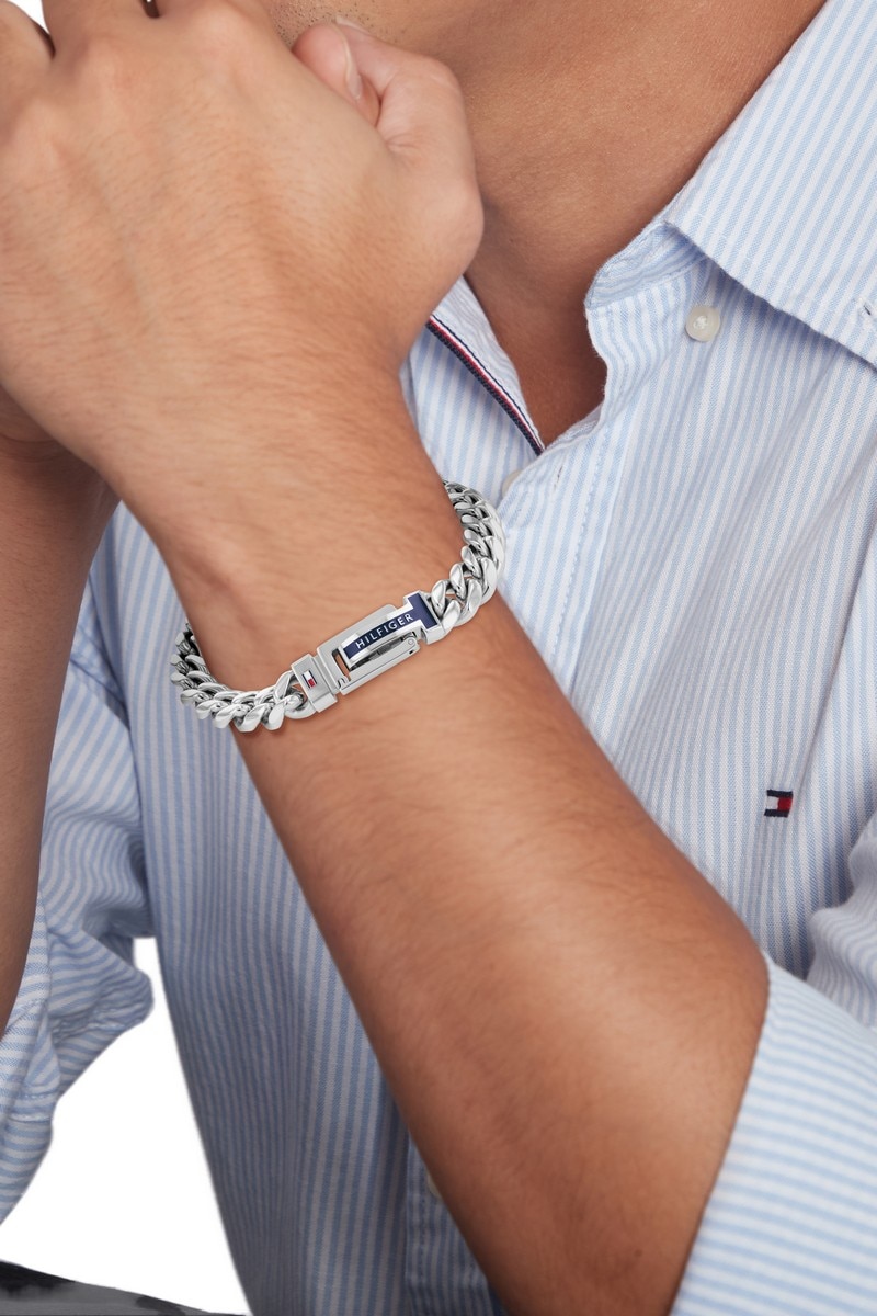 Pulseira com Logótipo e em Pele e Aço Azul-2