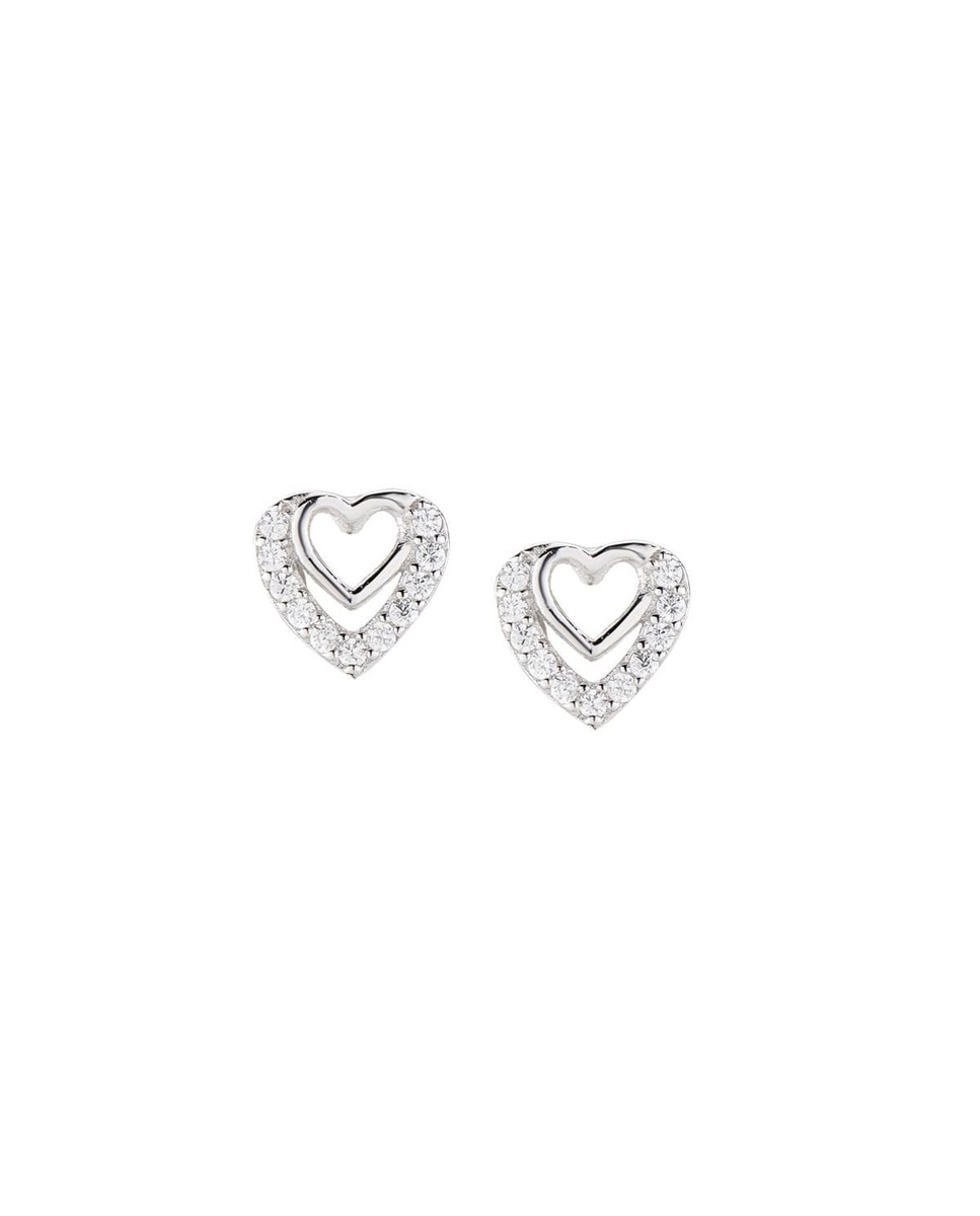 Brincos Diamantes Dois Corações Zircões Brancos Prata-1