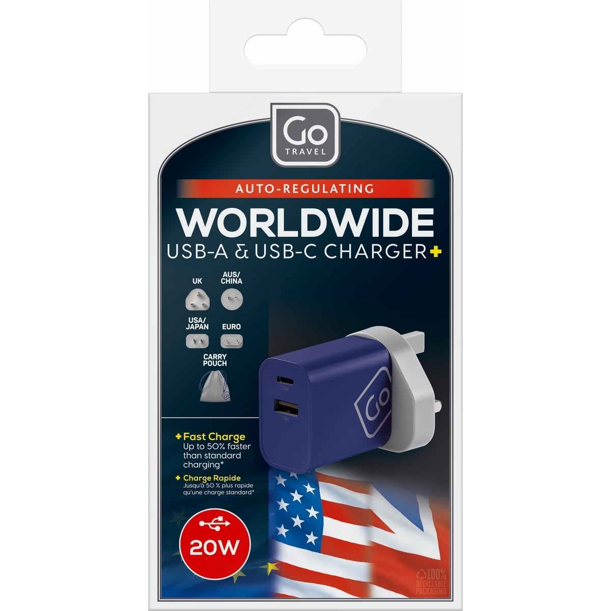 Carregador mundial USB-A e USB-C + 1