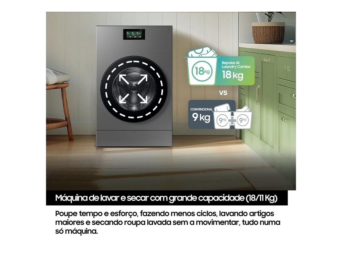 Máquina de Lavar e Secar Roupa Samsung WD18DB8995BZT2 Bespoke AI Laundry Combo de 18/11 Kg - Look Inox Grafite-5