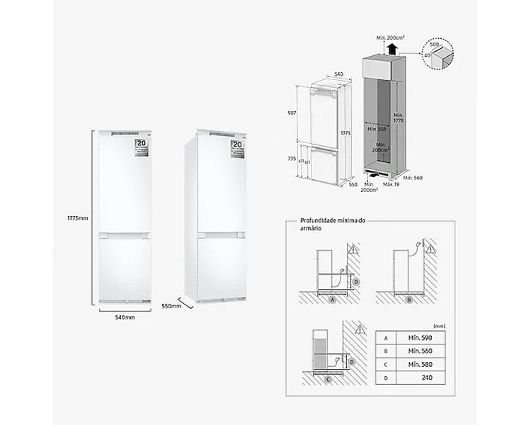 Frigorífico Combinado Encastrável Samsung BRB70F26CES0EF All Around Cooling, Energia IA SmartThings e de 177,5 cm - Branco Branco-5