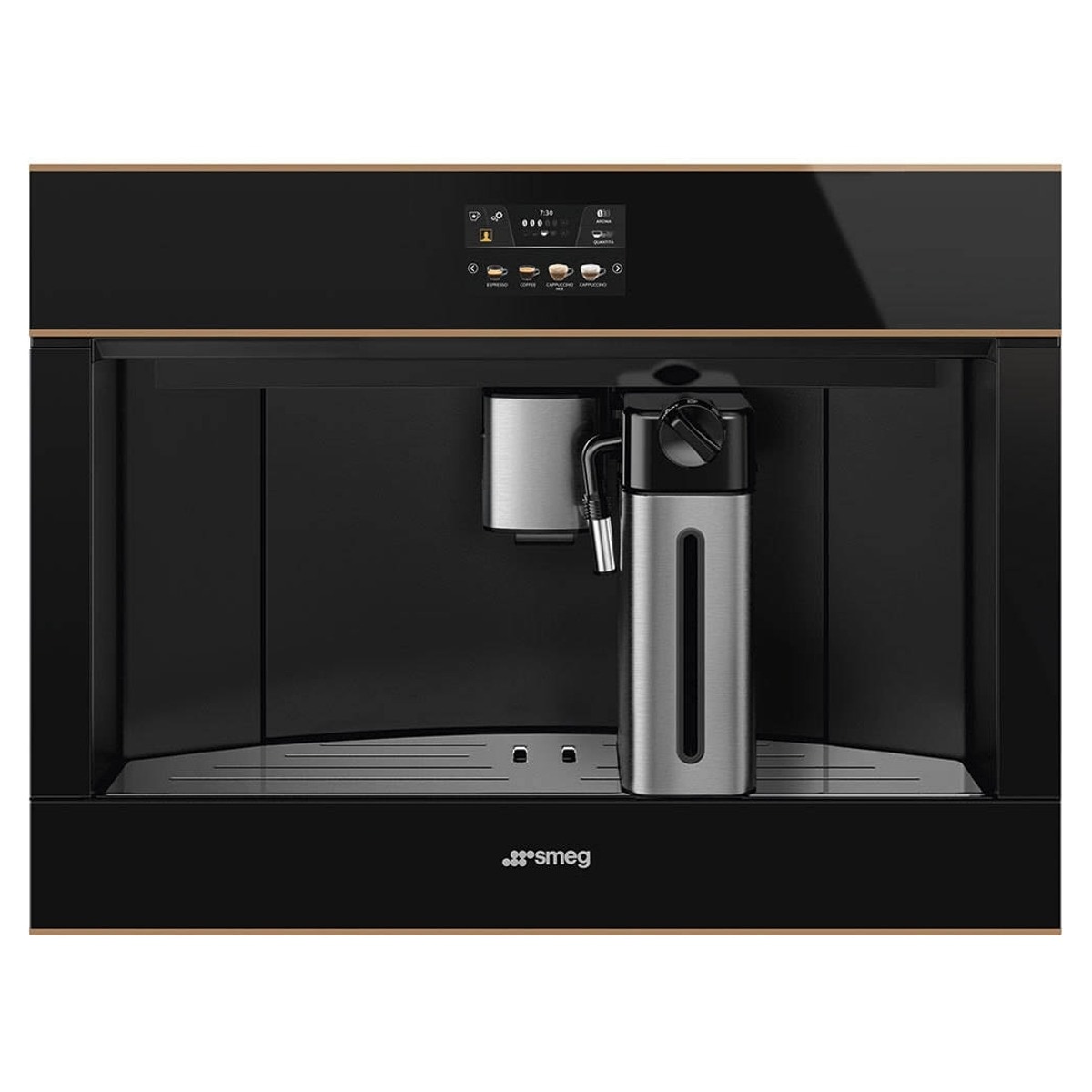 Imagem 0 de Máquina Café e Capuccino Automática Encastrável Smeg Dolce Stil Novo CMS4604NR Sistema de Aquecimento Termobloco + Vapor - Preto e Perfis Cobre