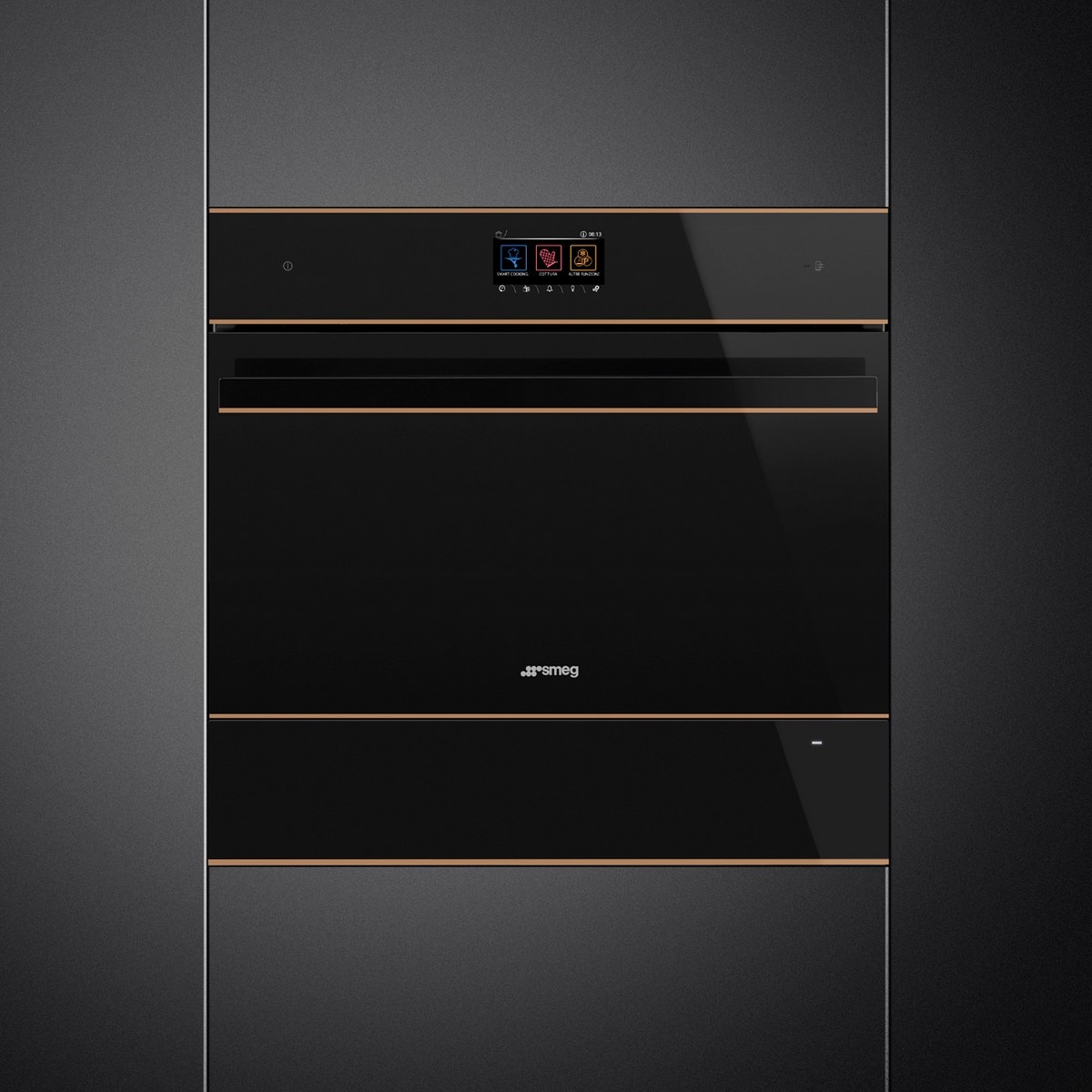 Gaveta de Aquecimento Smeg Dolce Stil Novo CPRT615NR de 15 cm de Altura - Preto e Perfis Cobre Preto / Cobre-2