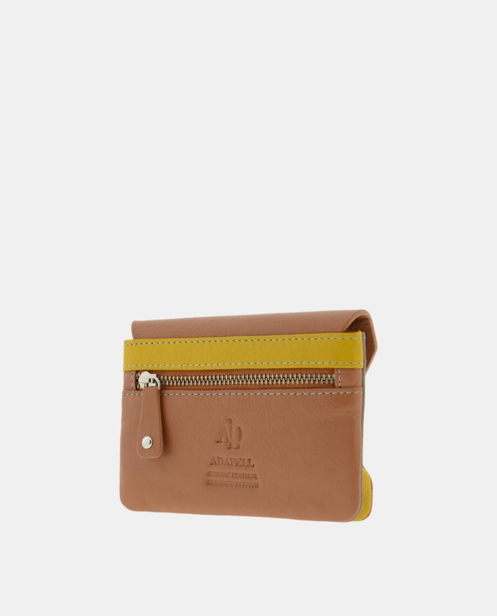 Porta-moedas em pele com pala e fecho éclair traseiro Castanho-3