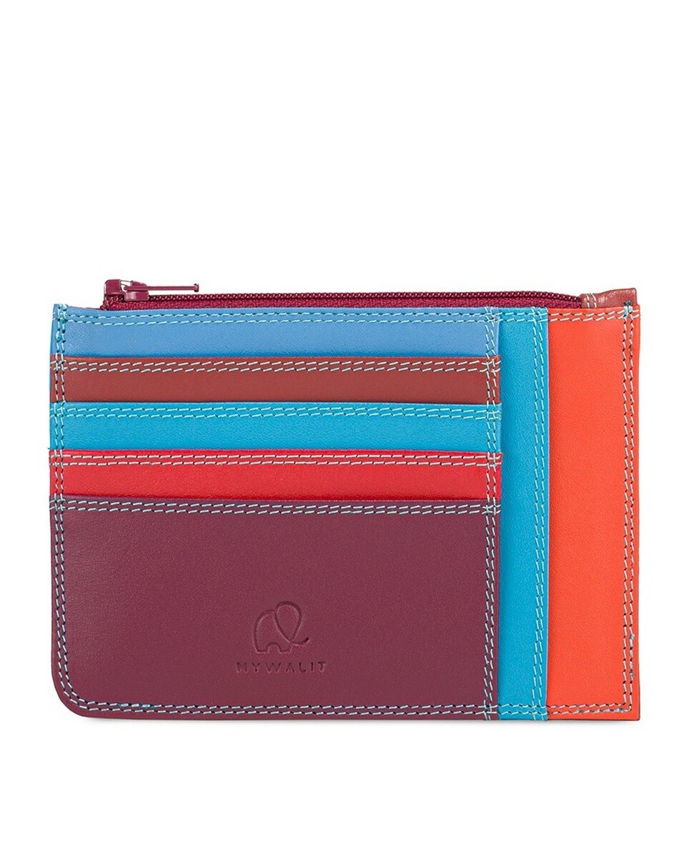 Porta-cartões de pele mini com porta-moedas com fecho de correr em tons cinzentos, vermelhos e laranja 1