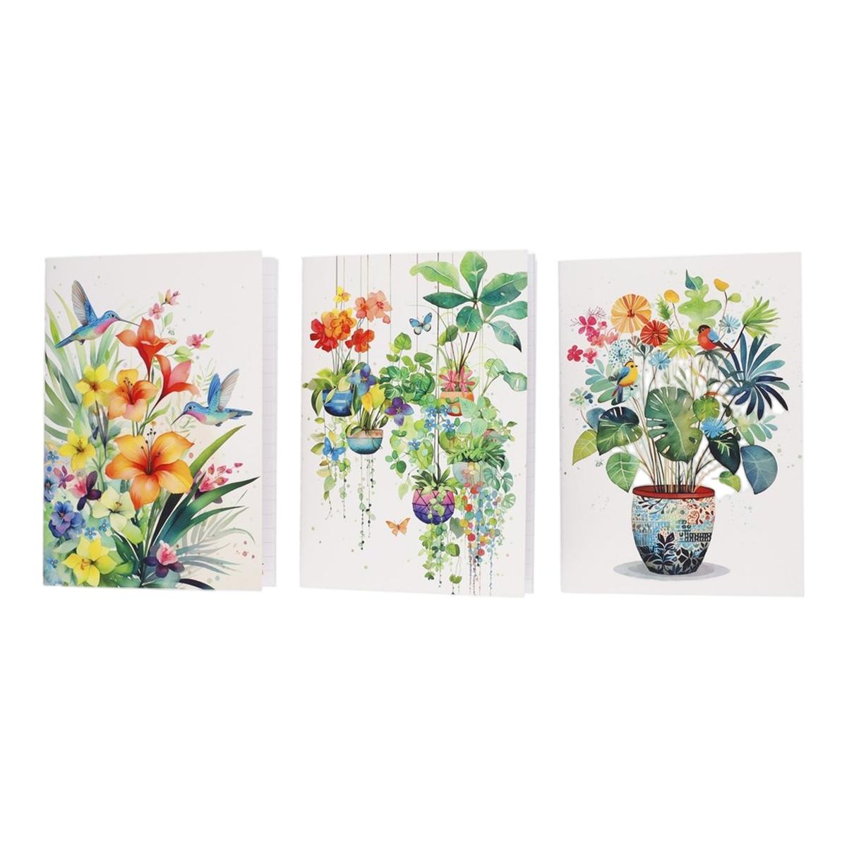 Conjunto de 3 cadernos A6 com cordão – Coleção Pássaros e Plantas 2