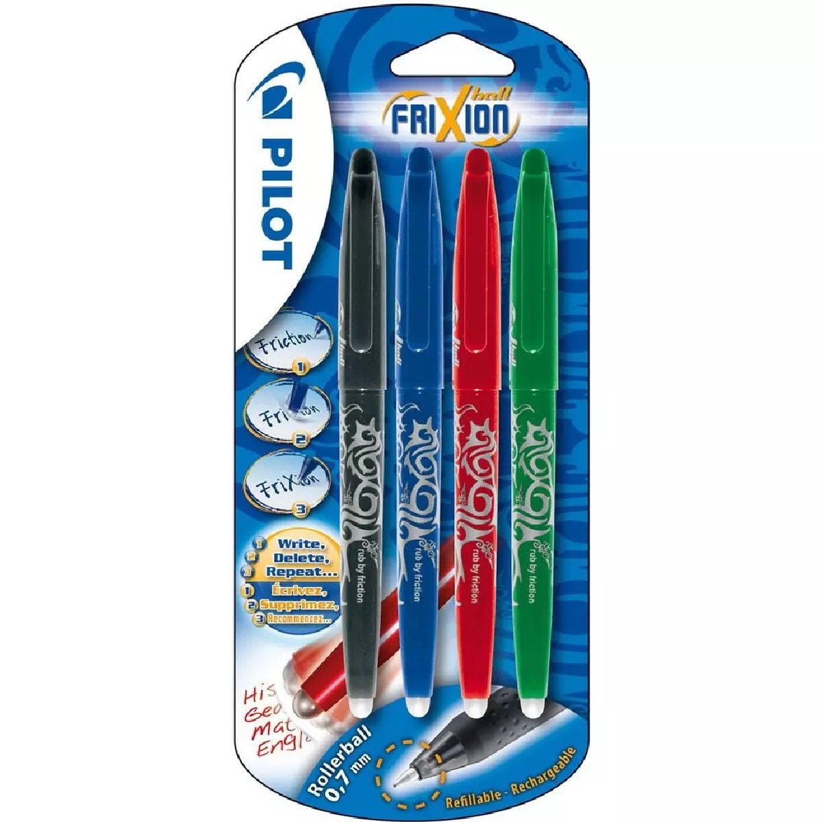 Blister 4 Esferográficas Apagáveis Frixion Ball 0.7mm BL-FR7 Ponta Media - Preto, Azul, Vermelho e Verde 1