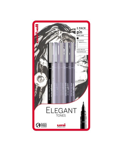 Blister de 5 Canetas de Desenho Uni Ball Elegant Tone, Preto e Cinzento 1