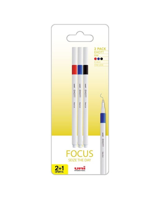 Imagem 0 de Blister 3 Marcadores Uni Ball Emott Focus Azul, Preto e Vermelho