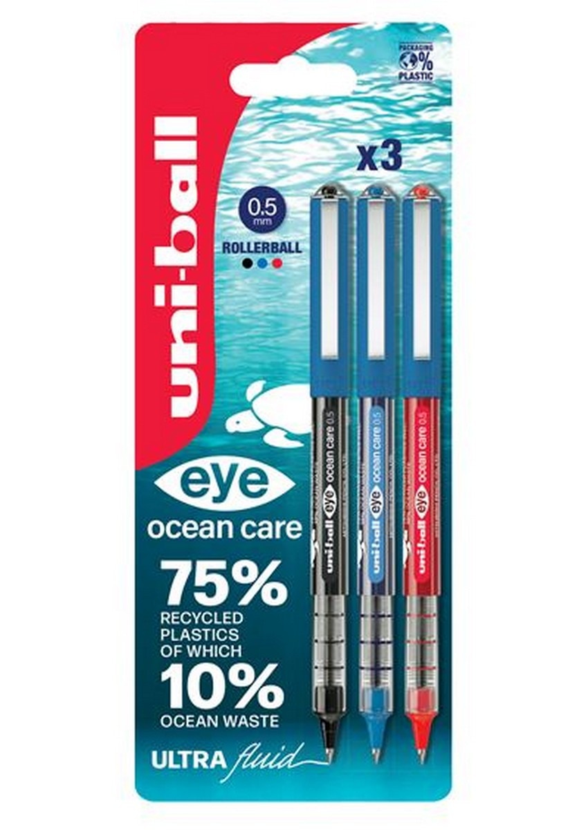 Imagem 0 de Caneta Roller Uni-Ball Eye Ocean Care UB 150 Preto / Azul / Vermelho - Blister 3 Unidades