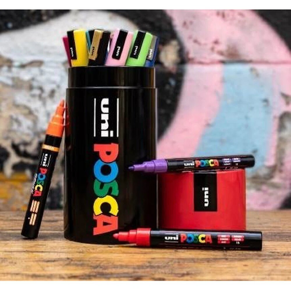 Imagem 0 de Conjunto de 13 marcadores Posca de várias cores numa lata metálica