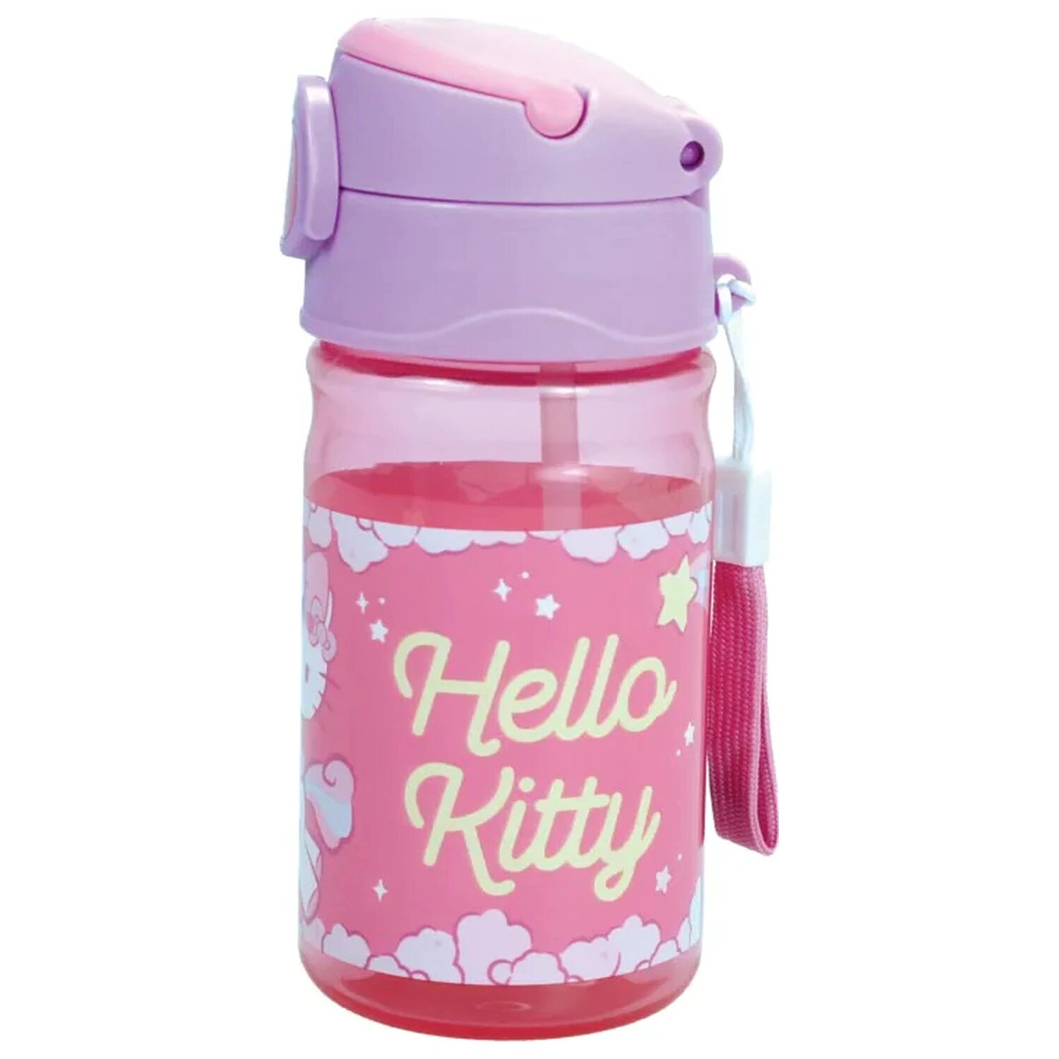 Imagem 0 de Garrafa de plástico Hello Kitty Unicórnio com palhinha e cordão, 350 ml