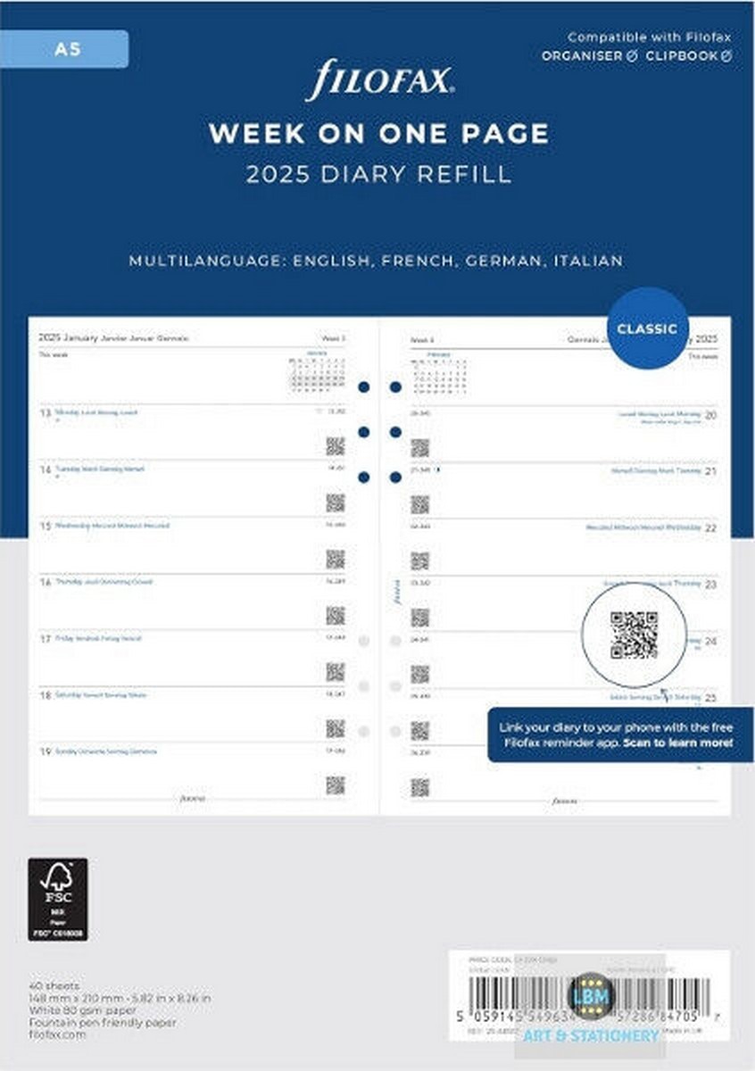 Recarga Filofax 2025 A5 size Diary Week on One Page Insert 2