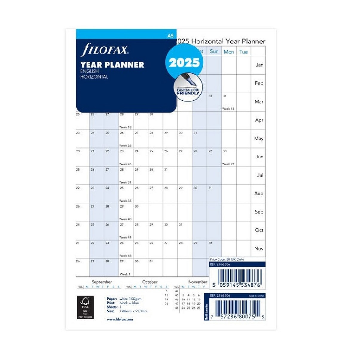 Recarga A5 2025 Horizontal Planner 25-68506 Filofax 2