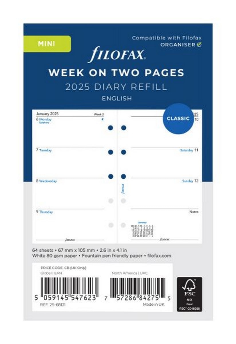 Recarga Filofax Mini Week on Two Pages Monday Start English Diary 2025 2