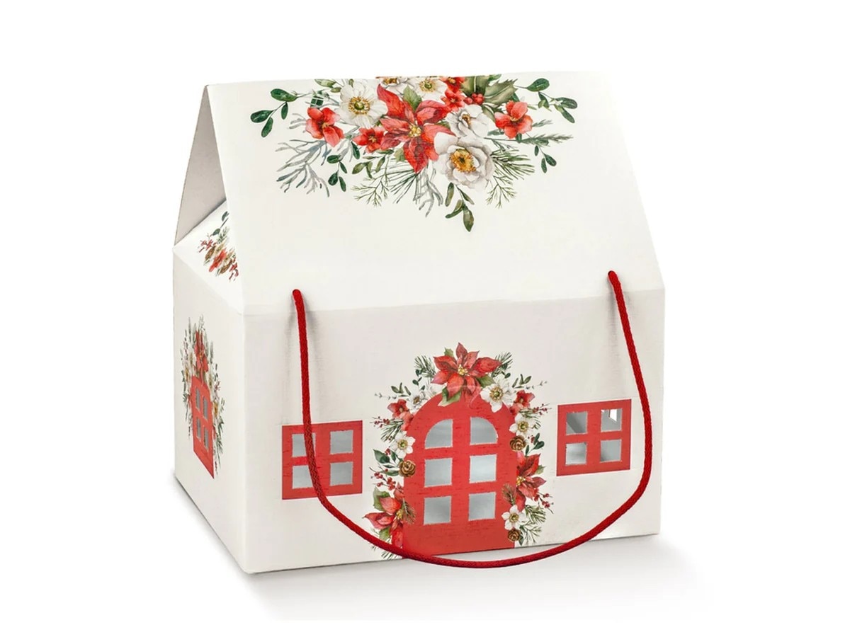 Caixa de oferta casinha com cordão vermelho e branco Decoração floral de Natal 33x25x19 cm - Scotton 1