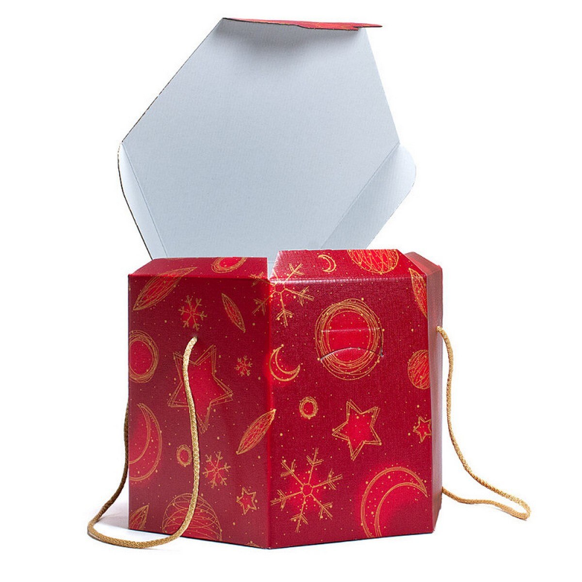 Caixa de Natal hexagonal de cartão rígido com pegas de cordão - Secret Model Red Universe 2