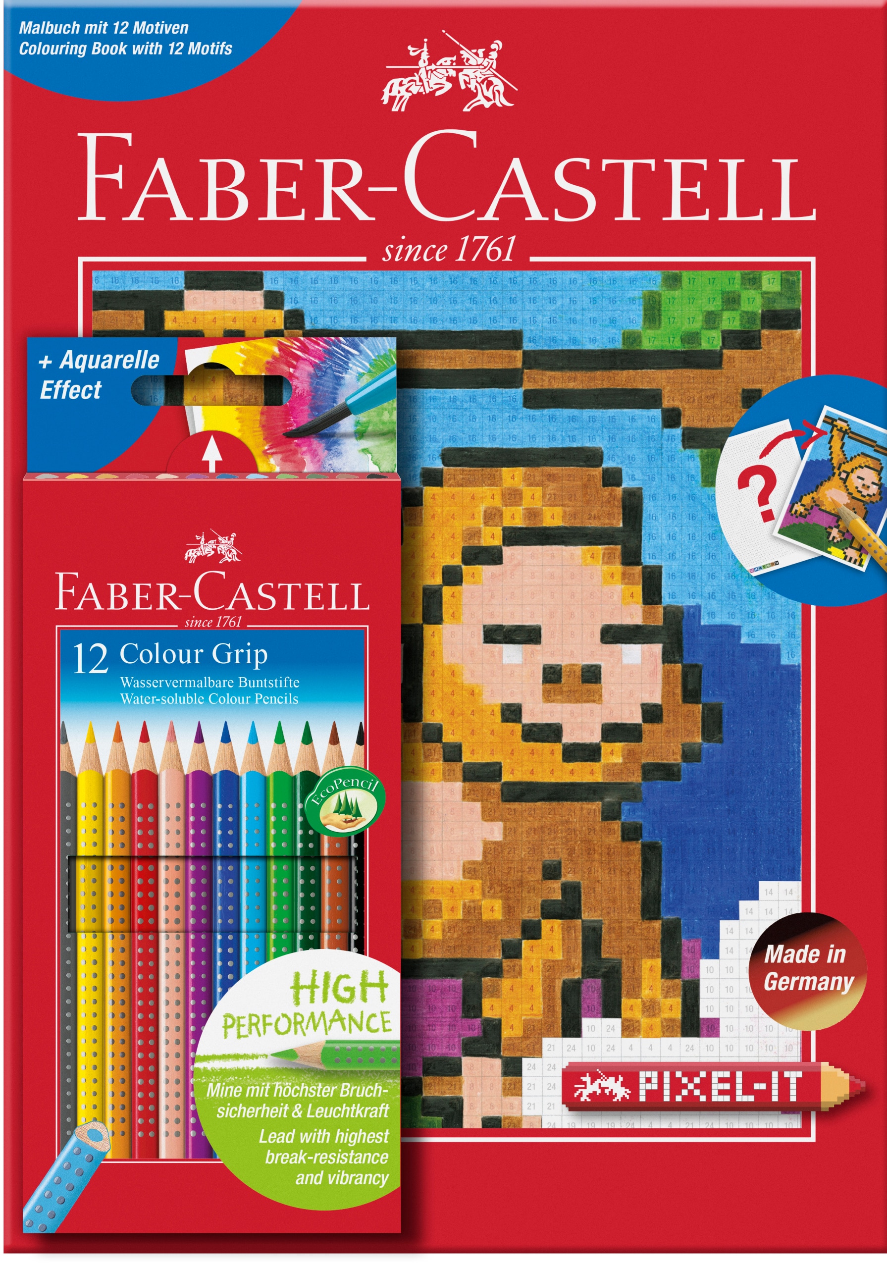LÁPIS FABER CASTELL GRIP 12 CORES + CADERNO PARA COLORIR PIXEL 1