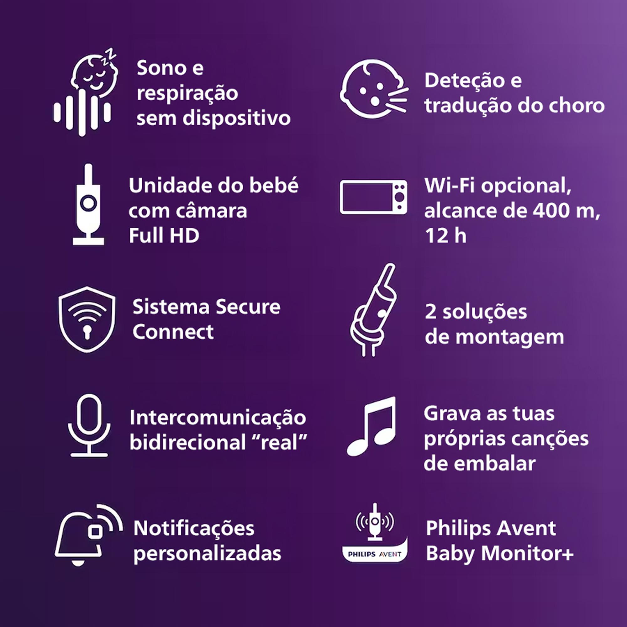 Intercomunicador Conectado Premium, Acompanhamento do Sono e Respiração sem Dispositivos, Deteção de Choro, Ecrã de 5" SCD971/26 Nacar-9