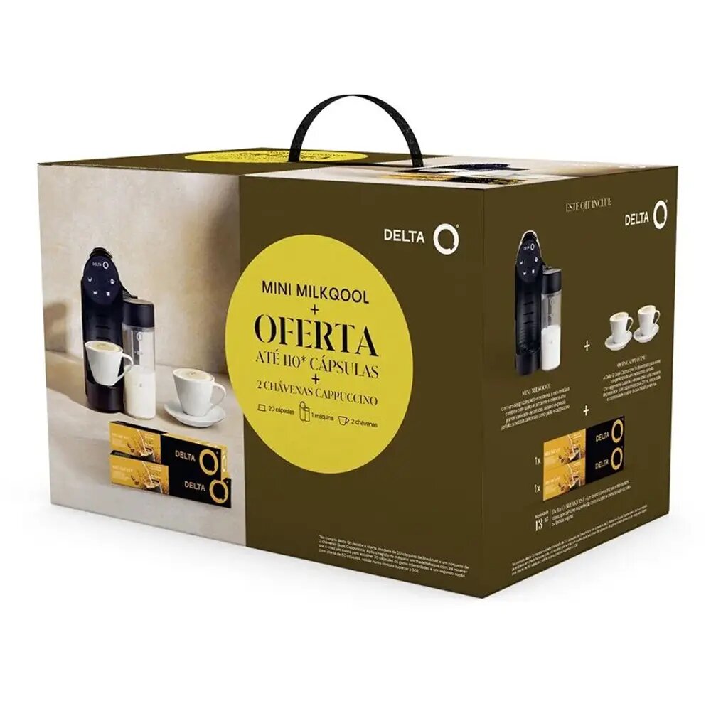 Bundle Máquina de Café Delta Q Mini MilkQool de Cápsulas, 19 Bar e 1200W - Preto + 20 Cápsulas + 2 Chávenas Cappuccino Preto-6