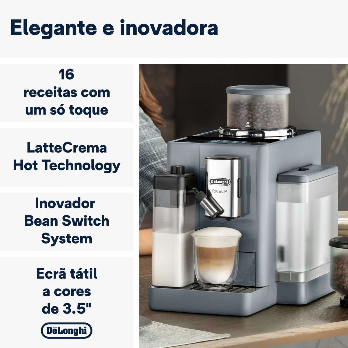 Máquina de Café Automática De'Longhi Rivelia EXAM440.55.G de 1450 W, de 19 bar e 13 Níveis de Moagem - Pebble Grey Cinzento-3