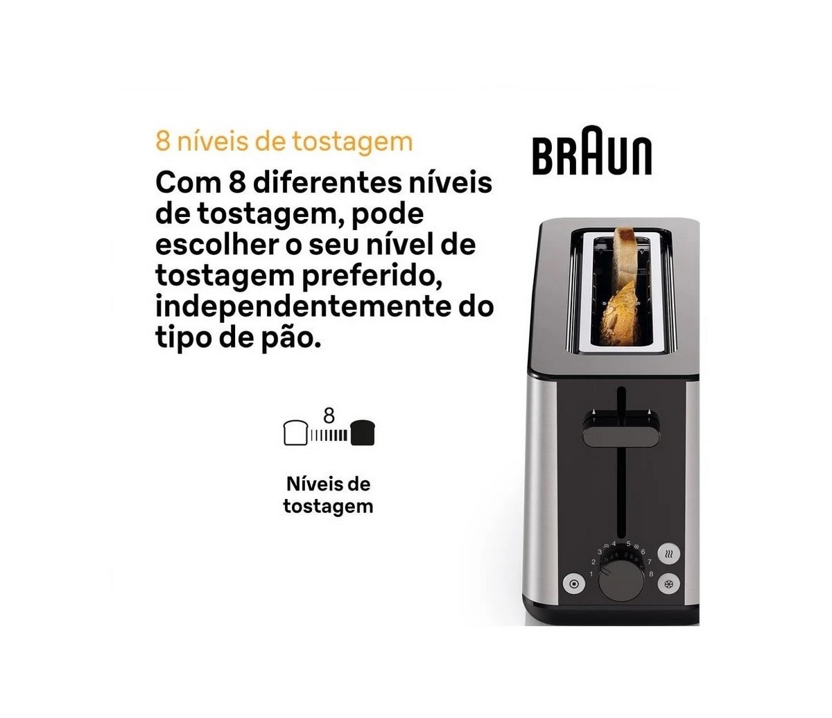 Torradeira Braun Purshine HT1610BK de 1030 W, com 1 Fenda Longa - Inox Inox-2