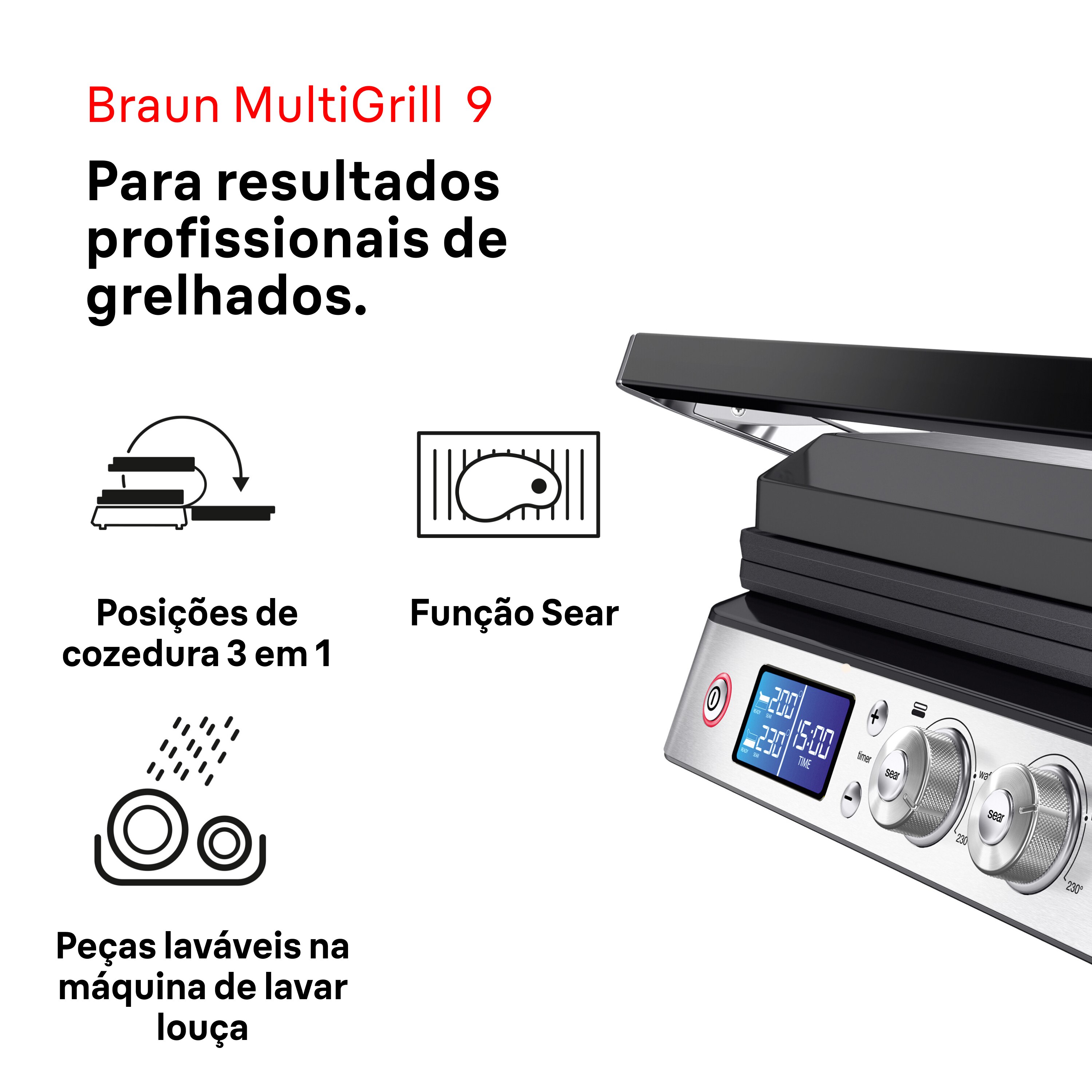 Grelhador de Placas Braun CG9040 MultiGrill 9, 3 em 1, Dupla Placa Extra Grande Independente e de 2000 W 2