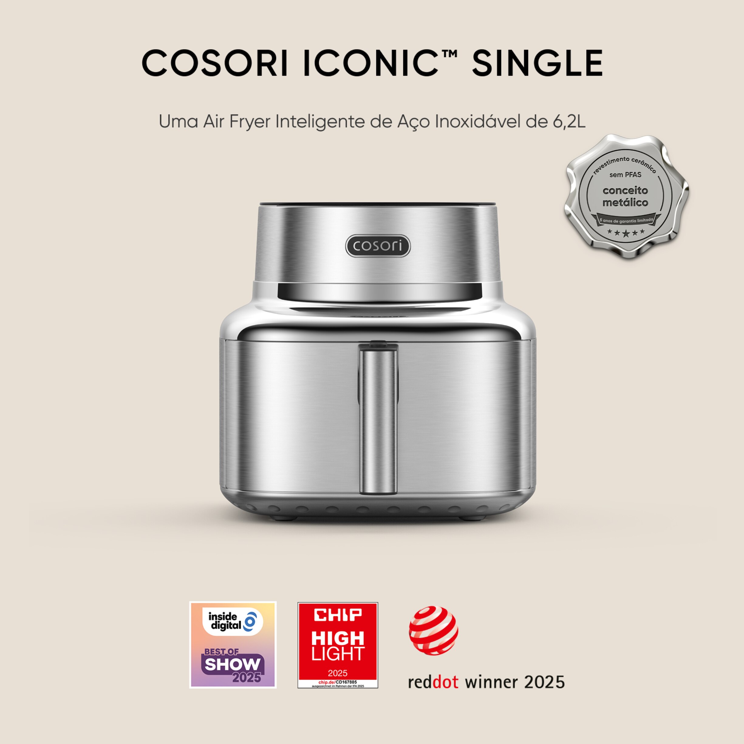 Fritadeira Air Fryer Cosori Iconic Single Smart sem Óleo, de 6,2 Litros - Aço Inoxidável Inox-2
