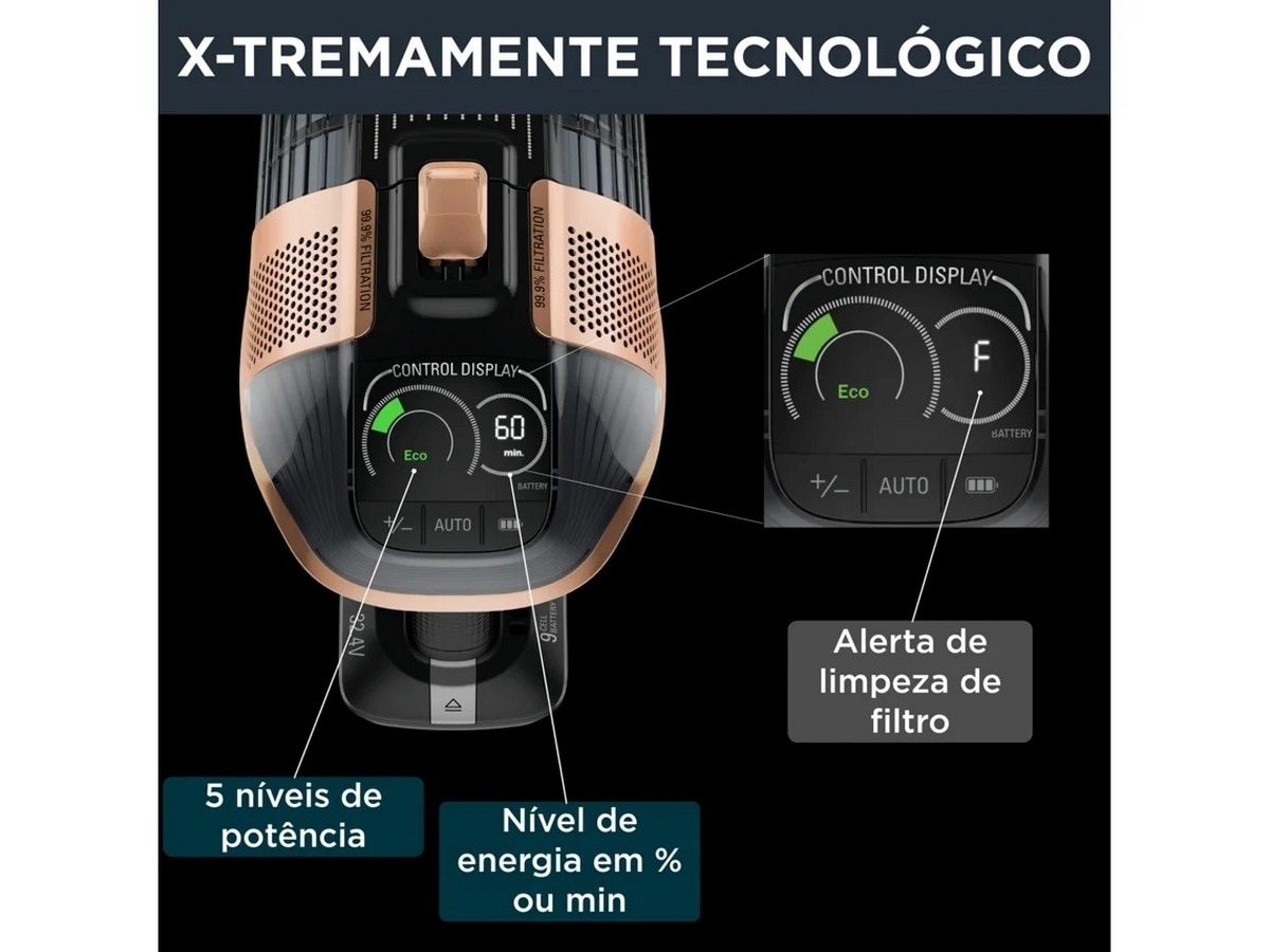 Aspirador Vertical Rowenta X-Force Flex 15.60 Animal Care RH99F1WO de 32.4 V, Autonomia 80 min e de 900 ml - Preto e Dourado Preto / Dourado-4