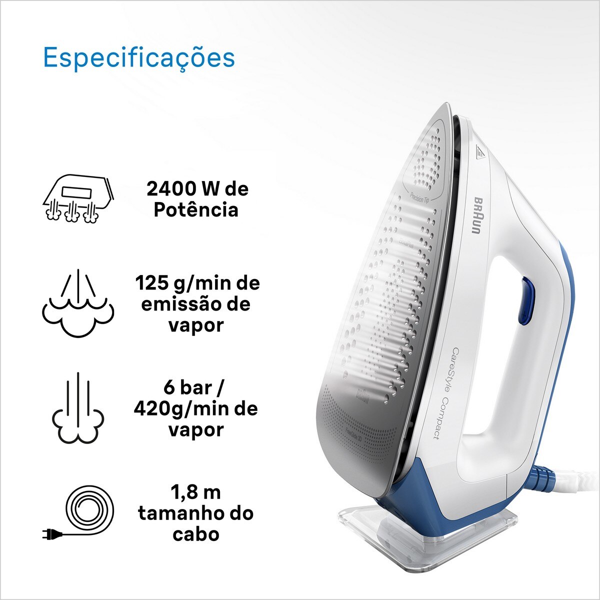 Ferro de Engomar com Caldeira Braun CareStyle Compact IS2143BL com Pressão 6 bar e Emissão de Vapor 420 g/min - Branco e Azul Branco / Azul-4