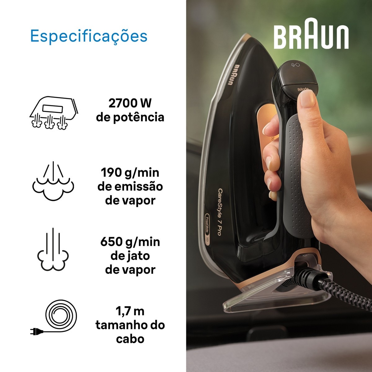 Ferro de Engomar com Caldeira Braun IS7286BK Carestyle 7 Base EloxalPlus, Jato a Vapor 650 g/min e Pressão 8 bar - Preto Preto / Cobre-6