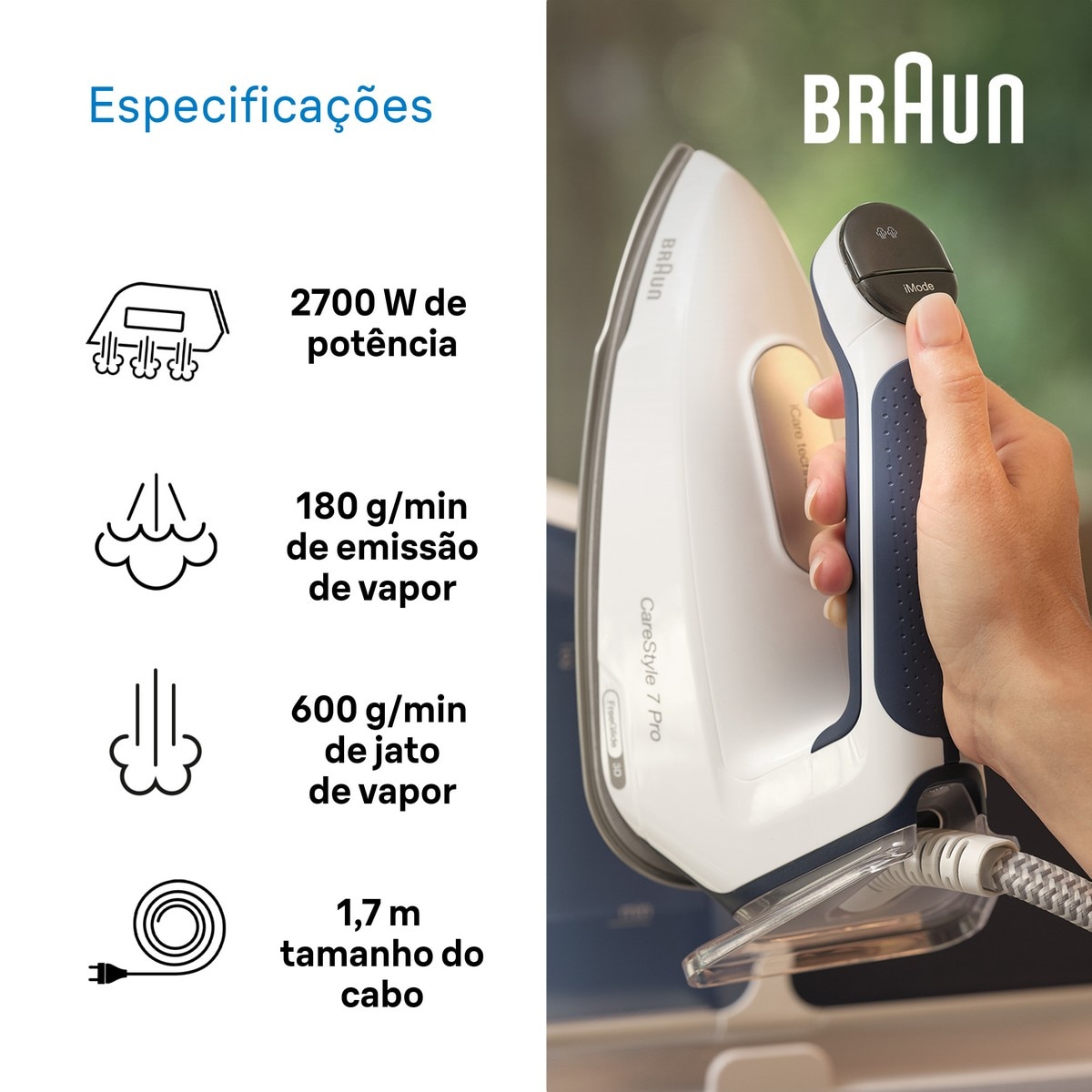 Ferro de Engomar com Caldeira Braun CareStyle 7 Pro IS7282BL Pressão 8 bar e Jato Vapor 650 g/min - Azul Branco / Azul-5