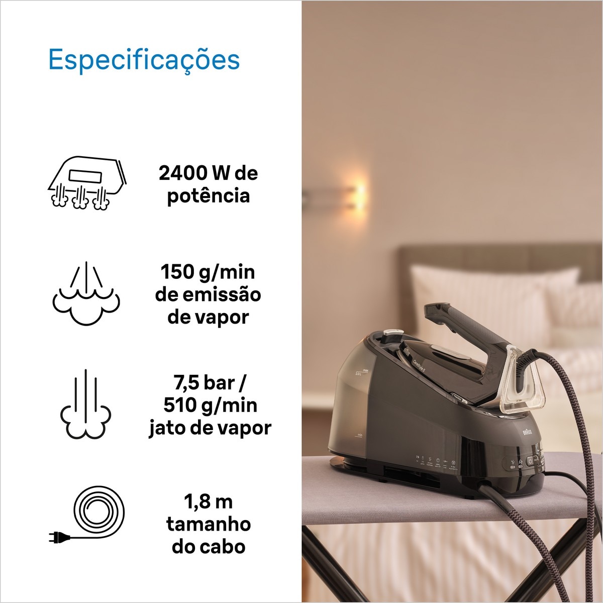 Ferro de Engomar com Caldeira Braun CareStyle 5 IS5249BK de 2400 W, 2 Litros e 7,5 Bar - Preto Preto-4