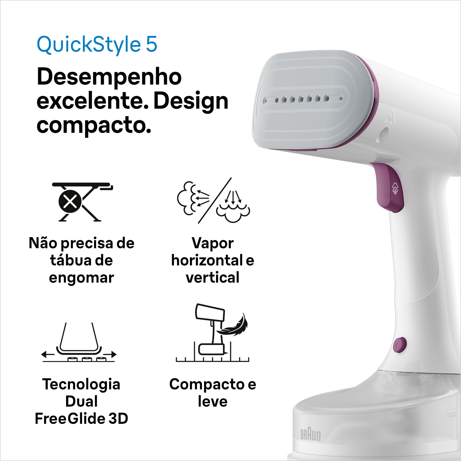 Ferro a Vapor Vertical Braun QuickStyle 5 GS5011PU de 0,15L, Vapor 22 g/min, Aquecimento rápido, de 1200W - Branco e Púrpura Branco / Púrpura-2